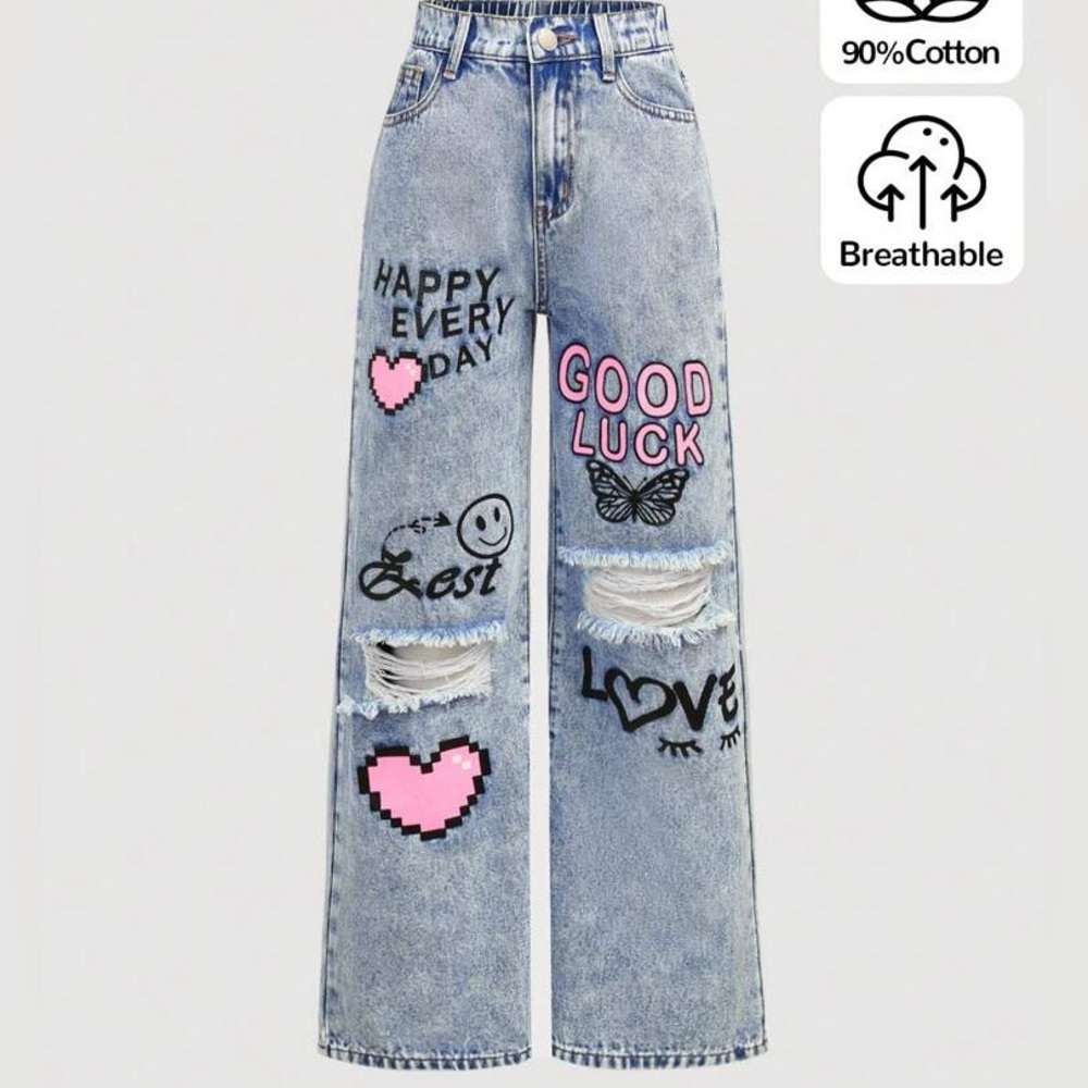SHEIN Blue Graphic Flare Jeans